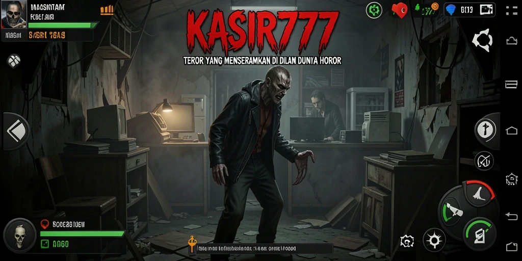 Screenshot KASIR777 menampilkan suasana horor yang mencekam dan gameplay yang intens.
