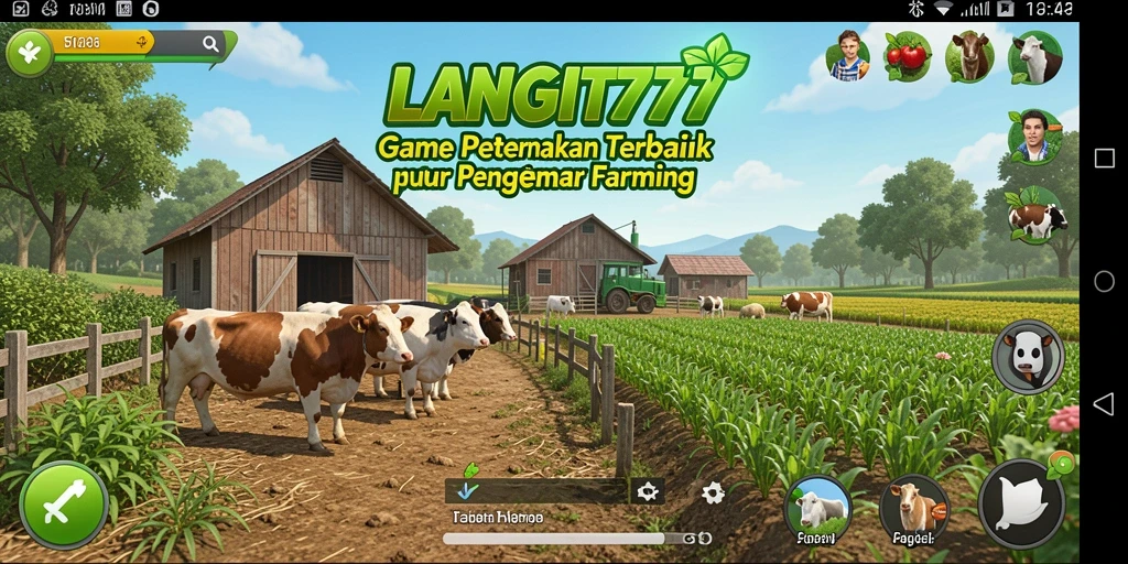 Tangkapan layar utama LANGIT777 menunjukkan suasana gameplay peternakan yang ceria.