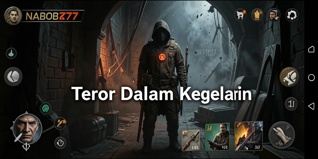 Screenshot menampilkan gameplay NABOB77 dengan suasana horor yang mencekam.