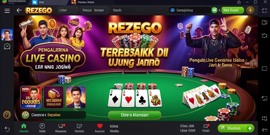 Screenshot gameplay <strong>REZEGO</strong> menampilkan dealer profesional dan suasana kasino langsung.