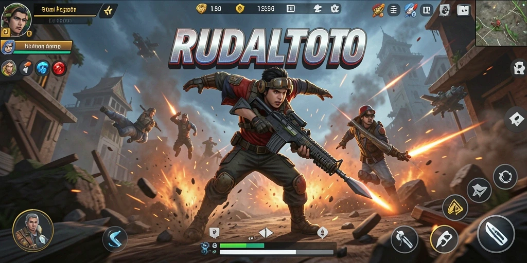 Tampilan gameplay menegangkan RUDALTOTO dengan karakter beraksi melawan musuh.