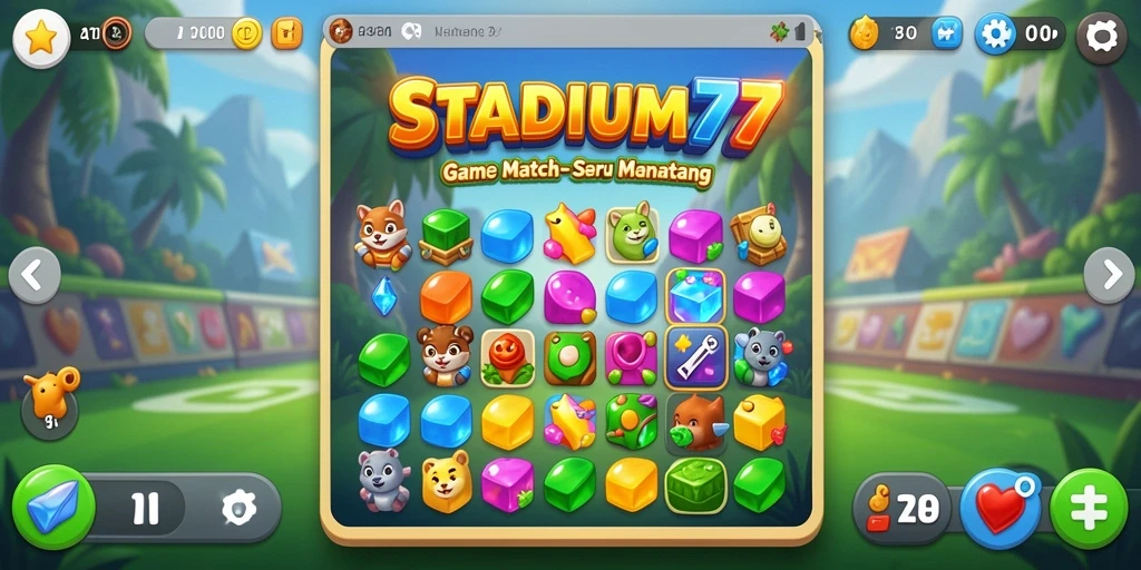 Tangkapan layar gameplay STADIUM77 menunjukkan kombinasi warna-warna cerah yang menarik.