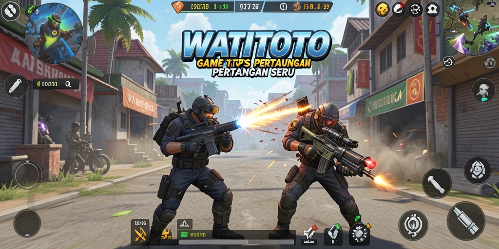 Screenshot utama WATITOTO menampilkan aksi seru dalam pertempuran TPS.